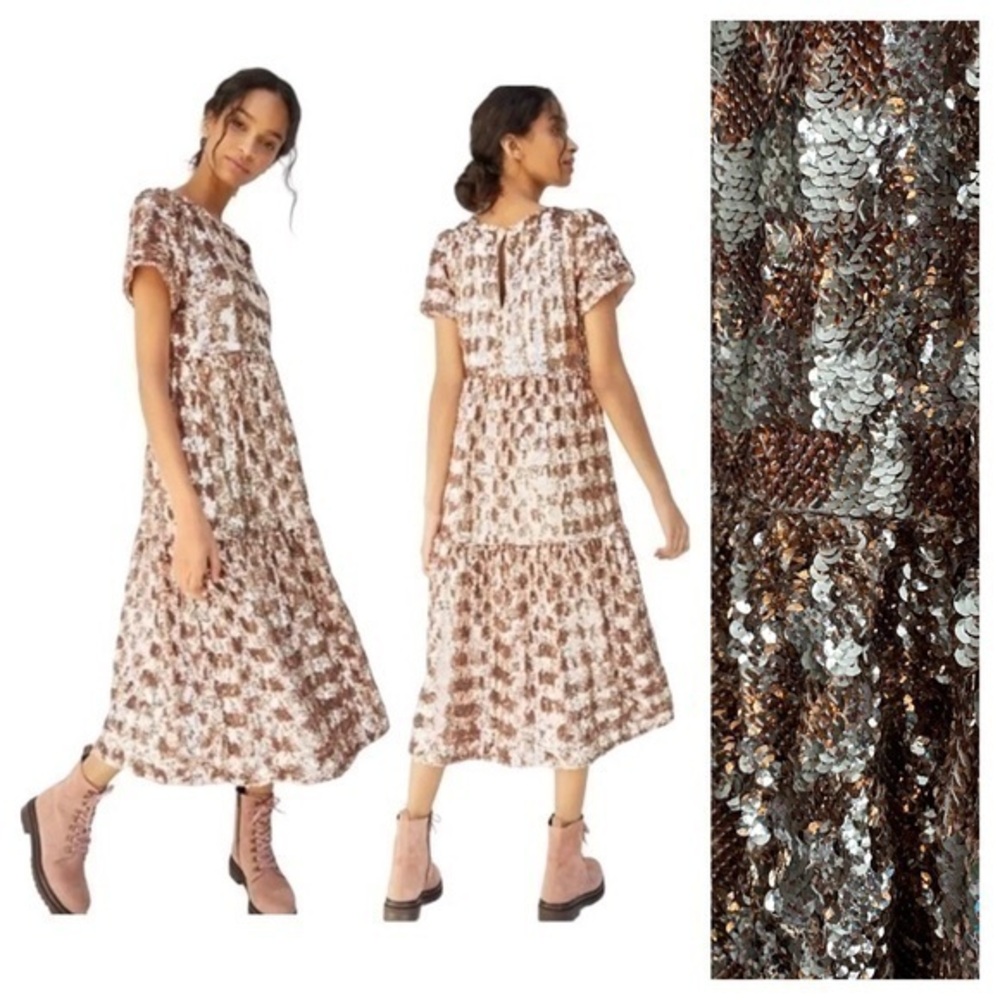 Anthropologie Maeve Rose Gold Sequins Bernadette Tiered Midi Dress Small